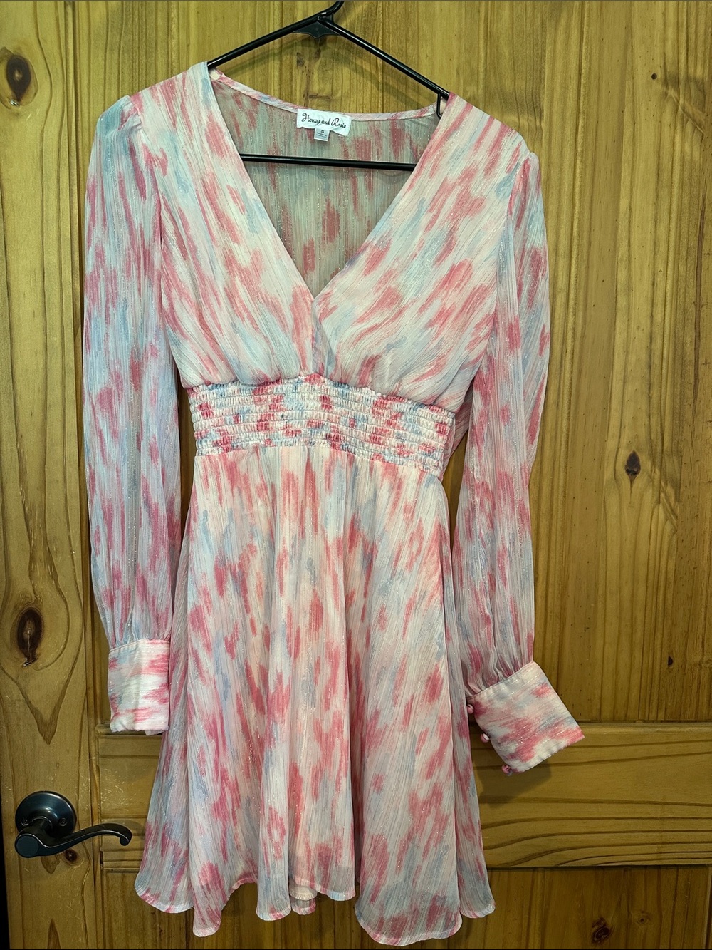 Honey and Rosie Pink & Cream Long Sleeve V-Neck Smocked-Waist Dress